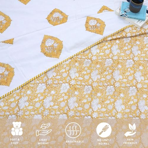 Image of TOAIArt Premium Jaipuri Dohar | AC Blanket Summer Quilt | Hand Block Printed | 3 Layers | Reversible | 150GSM 100% Mulmul Cotton| 100% Cotton Flannel Filling | Queen 90 inch X 108 inch|Light Mustard Kalamkari