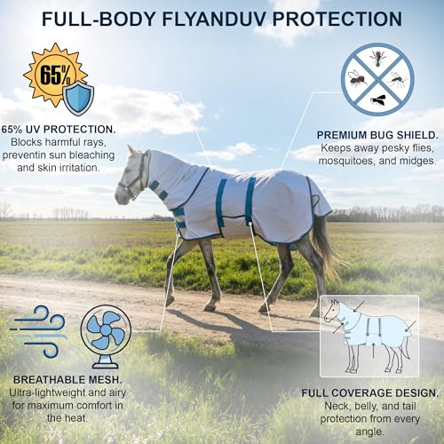 Image of Fly Sheet for Mini Horse /Pony /Foal & Weanling /Yearling /Donkey - Detachable Neck Cover & Belly Wrap, Lightweight Airflow Mesh Summer Sheet for Pasture & Stable, UV Protection White 58 inch