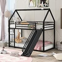 NKISHECK Twin Over Twin Bunk Bed with Slide, Junior House Low Bunk Bed Metal Bunkbeds with Ladder and Full-Length Guardrail for Girl, Boy, Floor BunkBed, No Box Spring Needed (Black)