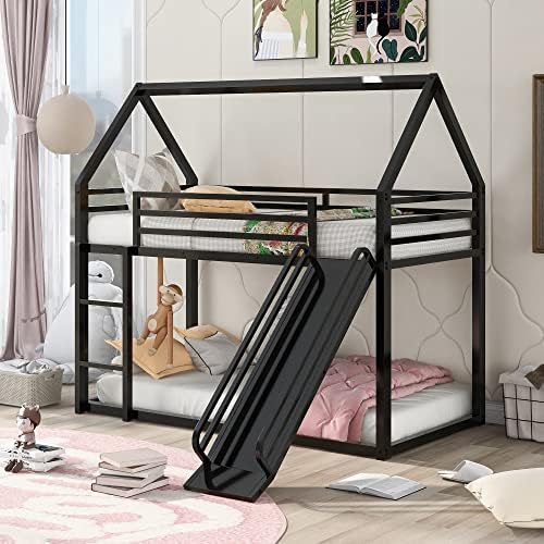 Oudiec Twin Over Twin Bunk Bed with Slide & Ladder,House