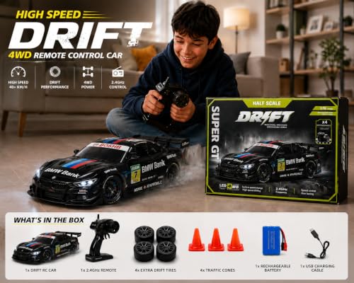 Image of Nextronix 40 km /h High-Speed 1:16 Scale 4WD RC Drift Car | 2.4GHz Remote Control Racing Car with LED Lights & Rechargeable Battery | Stealth Black Edition
