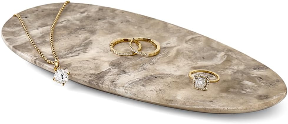 Natural Travertine Marble Oval Tray 11.6"x6.5" – Decorative Vanity Organizer for Jewelry, Candles and Perfume, Countertop Storage for Bathroom, Dresser and Kitchen, Gift for Women (Silver)