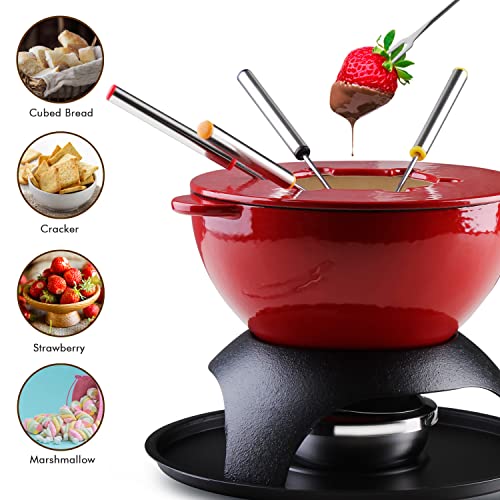 Artestia 11-Piece Cast Iron Fondue Set With Adjustable Burner 6 Colored Forks, 5-Cup Red Cheese Fondue Pot, Perfect For Chocolate, Caramel, Meat, 4-6 Person #TOP2