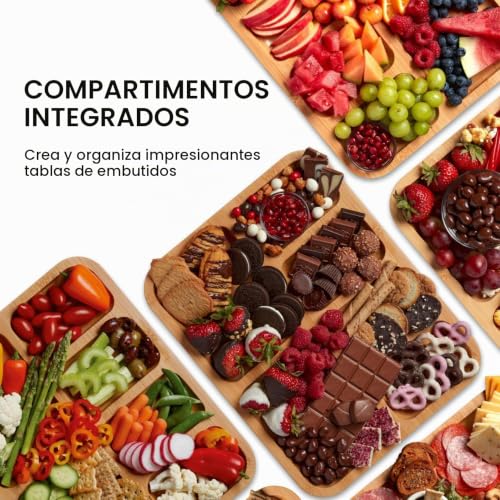 Miniatura 3 de Tablero De Charcutería Con Tapa, 41.9x33cm Tablas De Charcutería De Bambú Con Mango De Tapa Transparente, 6 Compartimentos Que Sirven Bandeja, Tablas De Queso Portátiles Para Bocadillos De Comida De
