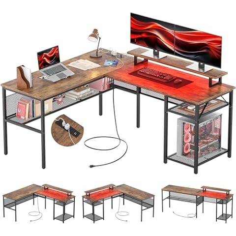 Hyomdeck Reversible L Shaped Computer Desk with Power Outlet & Monitor Stand, 55 Inch Gaming Desk with RGB LED Light, Sturdy Office Corner Desk with Storage Shelf, Easy to Assemble, Rustic Brown Cover