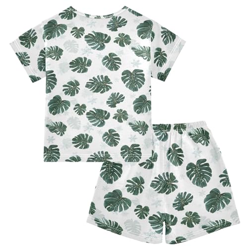 ALAZA Green White Leaves Pajama Set Short Sleeve Sleepwear Soft Lounge Nightwear2