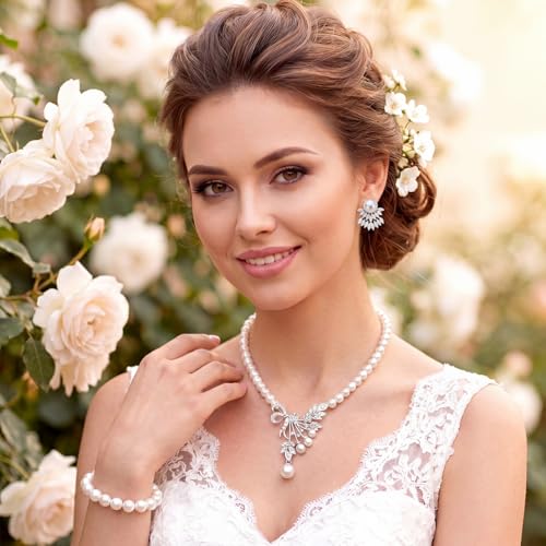 Image of Glenmal Pearl Rhinestone Jewelry Set for Women Pearl Necklace Bracelet Earrings for Wedding Halloween Bridal Shower Tea Party