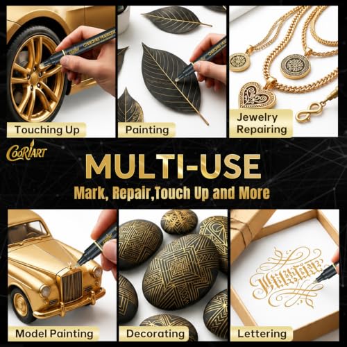Image of 3PK Liquid Gold Chrome Paint Markers, Metallic Mirror Gold Pens | 1mm, 2mm & 3mm Reversible Tip Permanent High Gloss Markers for Metal, Plastic, Fabric, Model Painting, Touch-Up & Repair Kit