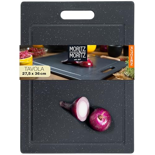 Moritz & Moritz Tagliere Plastica Grande 36 x 27,5 cm - Tagliere da Cucina con Effetto Granito - Tagliere Grande Nero Cucina con Piedini Antiscivolo, Apertura con Maniglia e Scanalature per Succo