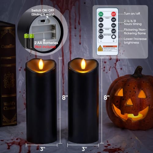 Image of Raycare 8 inchx3 inch Outdoor Waterproof Flameless Candles with Remote and Timer, Battery Operated LED Electric Fake Pillar Candle for Halloween Home Wedding Decor, Black, Set of 2