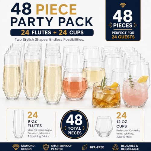 Image of Oojami 48 Pack Diamond Plastic Champagne Flutes Stemless 9oz & 12oz Cups