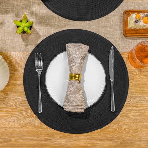 Image of SHACOS Round Braided Placemats Set of 4 Heavy Cotton Polyester Washable Round Table Mats for Dining Tables 15 inch Non Slip Heat Resistant (Black, 4)