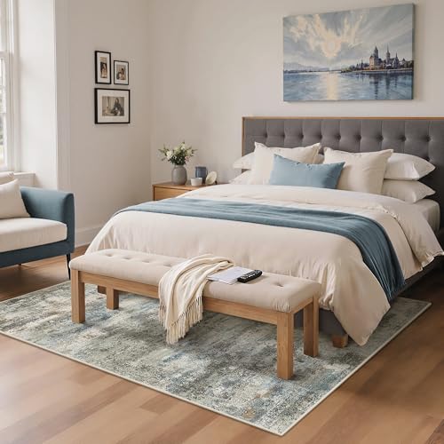 Image of BEIMO Area Rugs 5x7 for Living Room Bedroom, Modern Abstract Machine Washable Rug, Large Soft Low Pile Floor Carpet with Non Slip Backing for Dining Room, Blue /Taupe