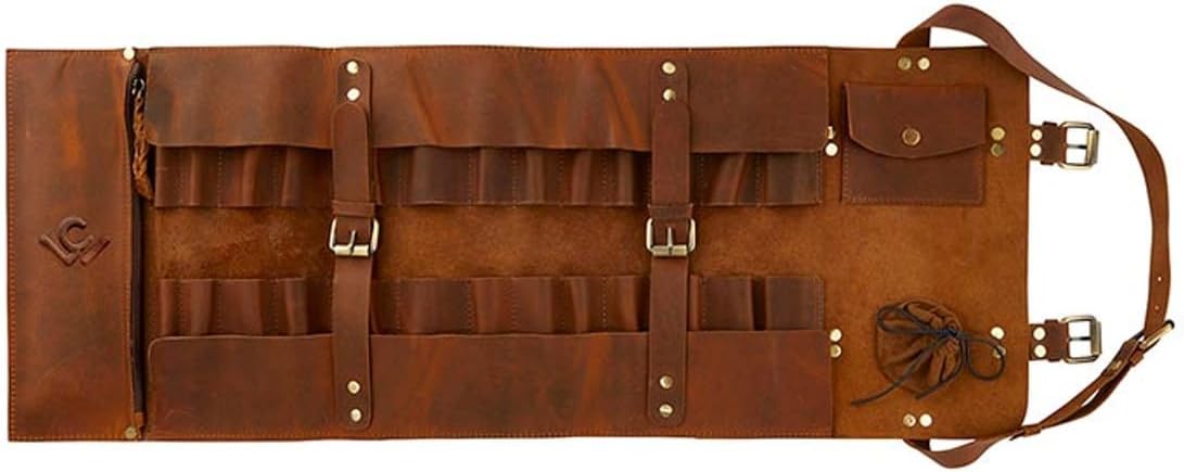 Leather Tool Roll - Genuine Leather, 5 x 7 x 7 inches, Buckle Closure, Home Improvement Tool Organizer