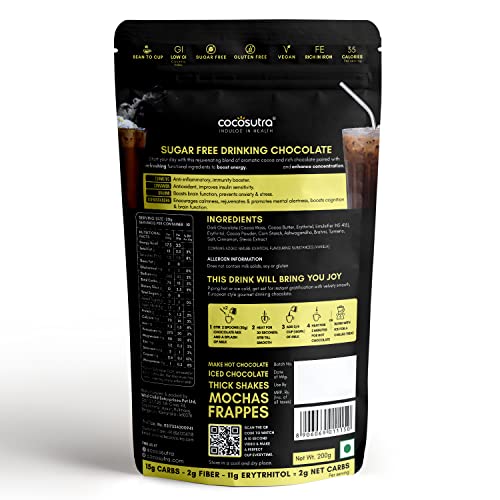 Image of Cocosutra FOCUS - Sugar Free Ashwagandha Drinking Chocolate Mix | Enhances Mental Alertness & Reduces Stress | Keto Friendly | Enjoy hot or cold | 200 g (Pack of 2)