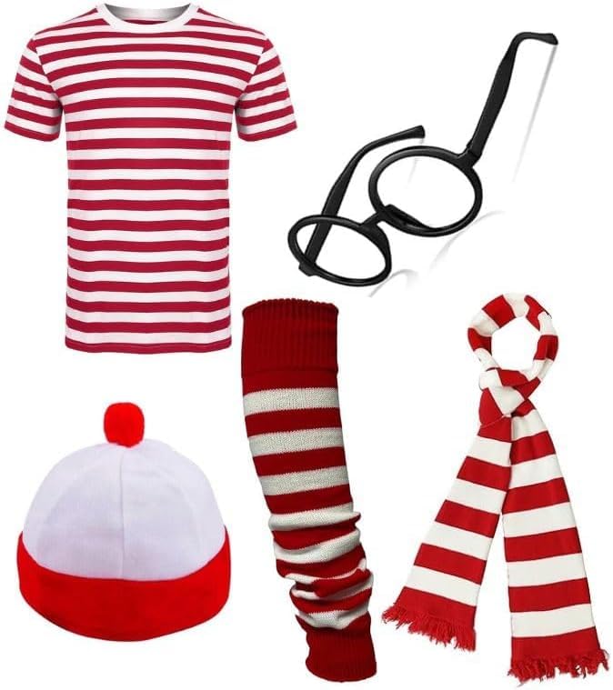 ANZEE Adult Explorer Costume Set Find Me If You Can Unisex Red White Stripe T Shirt Hat Glasses OTK Leg Warmer Scarf for Book Week DressUp (Pack of 5 T-Shirt+Hat+Glasses+Scarf+Leg Warmer, M)