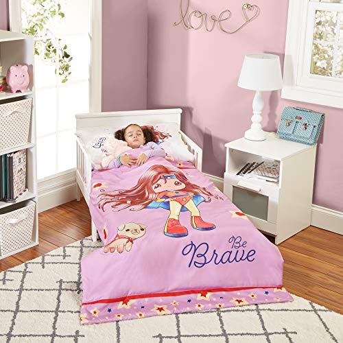 Image of EVERYDAY KIDS Precious Moments 4 Pc Toddler Bedding Set Starring Isabella The Super Hero and Her Dog Comforter, Flat Sheet, Fitted Sheet and Pillowcase in Lavender (Light Purple), White and Red