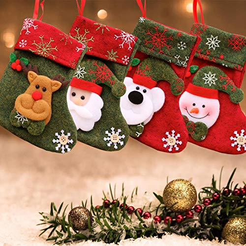 LS LETONG SINIAN Medias de Navidad, 4 Piezas de Medias de Navidad con patrón de Reno de muñeco de Nieve de Santa | Bolsa de Dulces con Adornos navideños | Relleno y Adornos navideños Colgantes