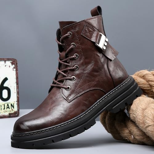Men's Leather Waterproof Combat Boots with Side Zipper, Casual Hand-Stitched Lace-Up High Top Motorcycle Boots, Comfort Outdoor Rubber Sole Non-Slip Resistant Soft Sole Work Boot2