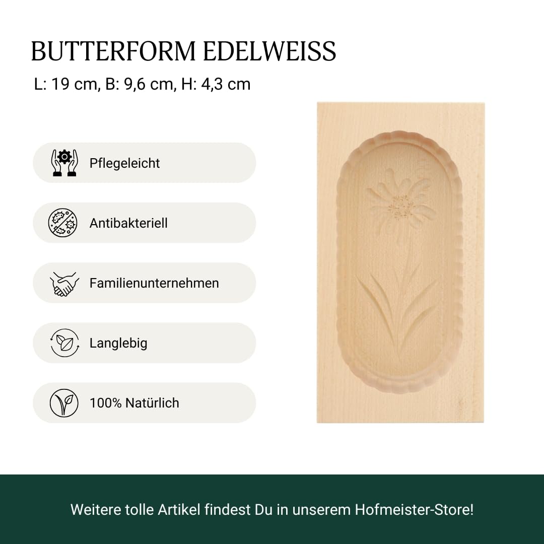 HOFMEISTER® stampo per burro in legno 250 g, 19 cm, motivo stella alpina, fatto a mano in Germania, stampo decorativo angolare in acero domestico