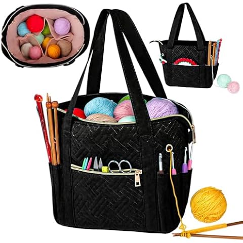 Veirdro Crochet Bag Organizer for Yarn Storage, Velvet Knitting Tote Bag with Double Handle for Crochet Accessories, Portable Travel Case for Yarn Balls, Crochet Hooks& Knitting Needles Holder (Black) Cover