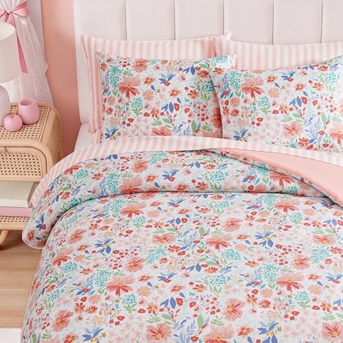 Image of Full Size Comforter Set for Girls Pink Floral Garden 7 Pieces Bed in a Bag