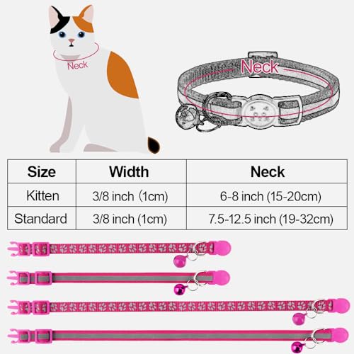 Image of Taglory Reflective Cat Collar Breakaway with Bell, High Visibility Night Strip, Lightweight Adjustable Nylon Collar for Boy Girl Cats, 2 Pack, 7.5-12.5 Inch, Hotpink