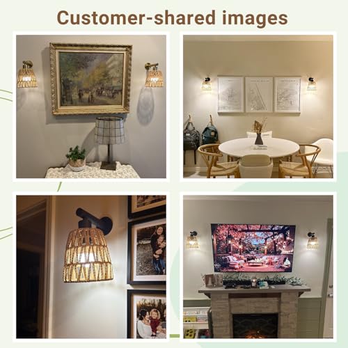 Image of Boho Battery Operated Wall Sconces, Rattan Wall Sconce Set of 2 with Remote, RGB 15 Colors Dimmable Rechargeable Wall Light, Black Indoor Wireless Wall Lamp, Farmhouse Rattan Wall Lighting for Bedroom