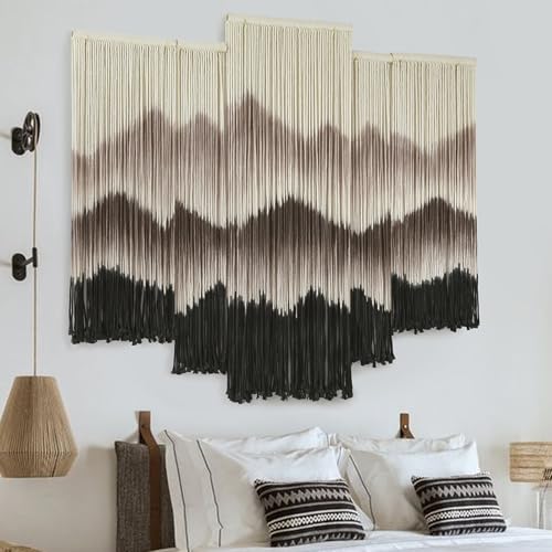 Image of IOWER Large Macrame Wall Hanging Mountain Handmade Brown Dip-Dyed Boho Wall Decor 5Pcs Art Wall Decor for Bedroom Living Room Fiber Art Tapestry