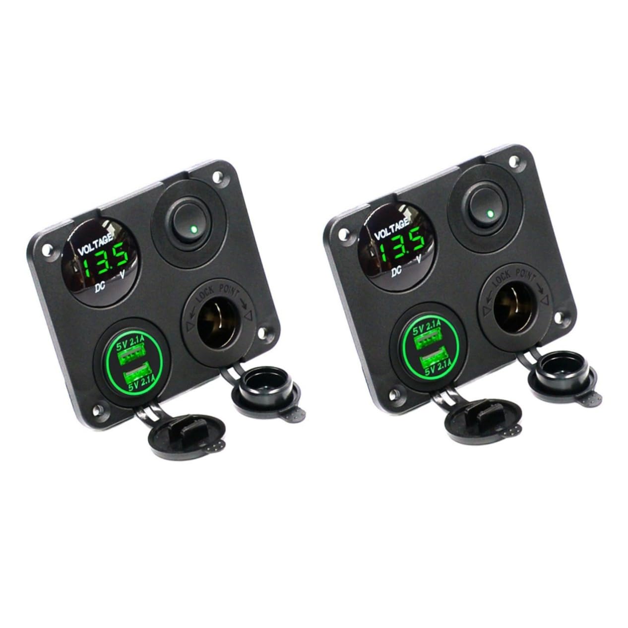 Housoutil Cargador de Coche 4 en 1 de 12- V Convertidor de 2 1 a Usb Voltímetro de Panel 4 en 1 Led Verde para Caravana Camión Autocaravana