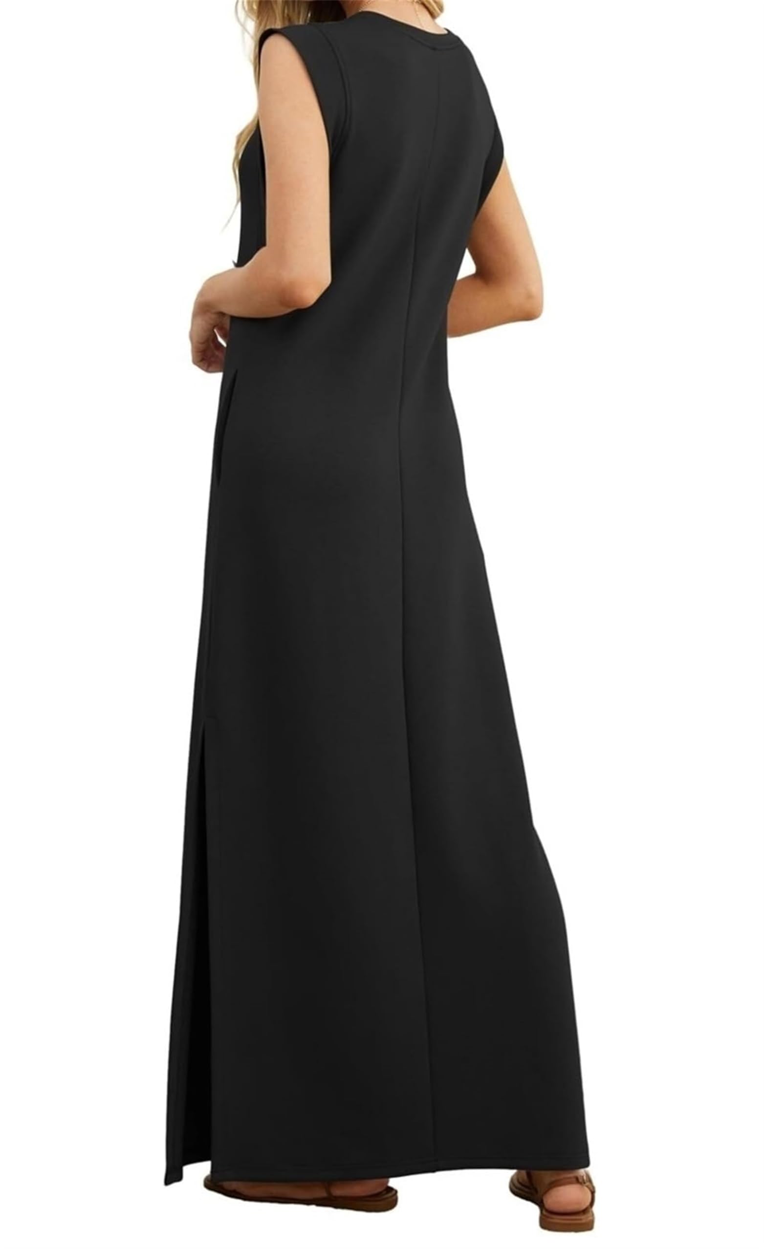 Women's Casual Loose Split Wrinkle-free Maxi Dress Summer Round Neck Long  Maxi Beach Dress with Pockets (Denim Blue, XL) : Amazon.nl: Fashion