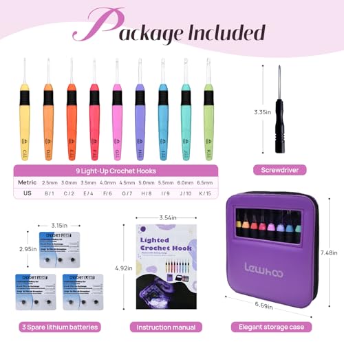 Image of Lewhoo Light Up Crochet Hook with Battery 2.5-6.5mm, 9 Size Led Crochet Hooks Set with Bag for Dark Yarn, 3 Packs Replacement Batteries Crochet Needle Set