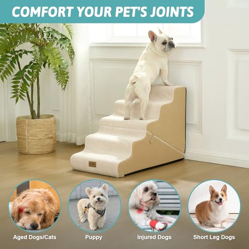 Image of COZY KISS Dog Stairs for Small Dogs, 5-Step 2-in-1 Dog Steps,22.4 inch H | 5-step dog stairs and ramps for Old Cats, Puppy, Small Dogs,Non-Slip Base,for Couch & Bed, Beige