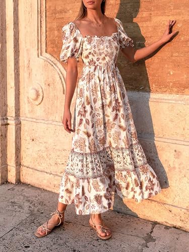 Image of ZESICA Women's 2026 Summer Boho Floral Print Dress Square Neck Ruffle Swing Beach Vacation Long Maxi Dresses
