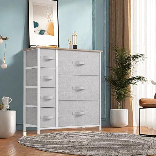 GOOBED Dresser for Bedroom, 7 Drawers Fabric Dresser, Organizer Unit for Living Room, Hallway, Closets - Sturdy Steel Frame, Wooden Top & Easy Pull Fabric Bins, Light Gray