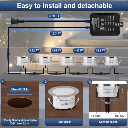Low Voltage Deck Lights Recessed Kit with Transformer Dimmable Timer and Photocell Sensor Outdoor LED Deck Lighting 3CCT 2800K-6000K IP67 Waterproof with 3pin Cable for Stair Patio Yard 10 Pcs by JUABREY - Used condition - Image 6