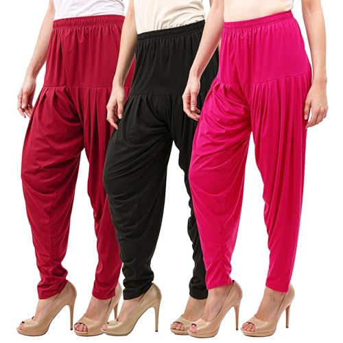 Image of Buy That Trendz Combo Offer (Pack of 3) Cotton Viscose Lycra Dhoti Patiyala Salwar Harem Bottoms Pants for Womens (White, Maroon, Black)