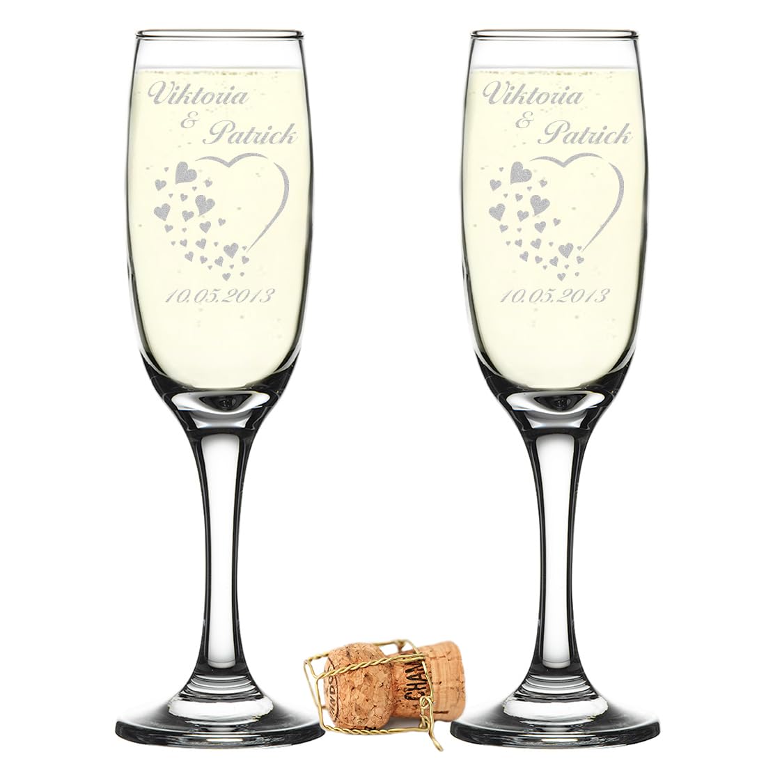 2er Set Sektgläser mit Gravur - Hochzeitsgeschenke für Brautpaare - Gläser für Sekt mit Personalisierung - Geschenkidee zur Hochzeit, Hochzeitsgläser für Paare - Herz mit vielen kleinen Herzen
