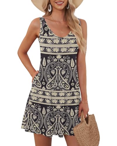 AUSELILY Summer Dresses Women UK Sleeveless Beach Dress Vneck Mini Sundress with Pockets Boho Floral Black M