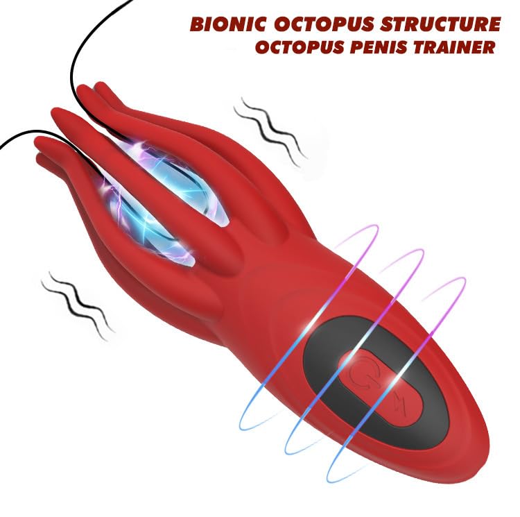 Octopus Masturbator, Electric Shock Glans Trainer with 12 Vibration Modes & 7 Vibration Frequencies Vibrating Penis Massager, Adult Jet Cup, Male Sex Toys (red)