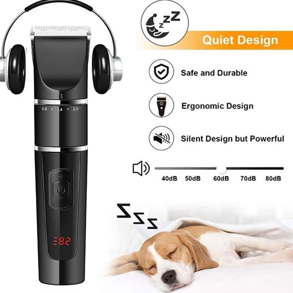 Low Noise Cat and Dog Clippers, Rechargeable Cordless Pet Clippers Grooming Kit, 3 Speed Professional Animal Clippers Pet Grooming Kit with LCD Display