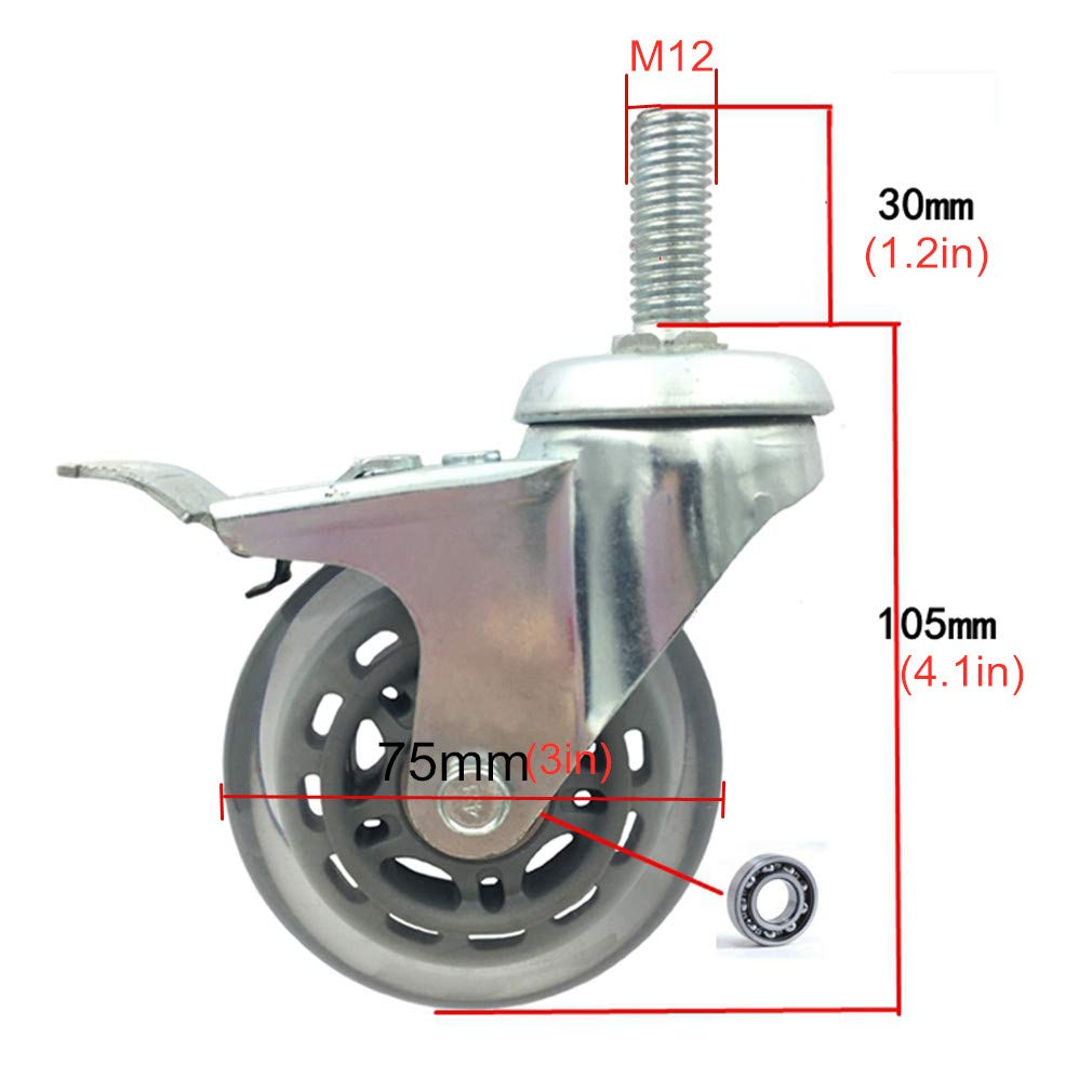 Ruote piroettanti per mobili, Ruote piroettanti in Poliuretano Resistenti, Diametro 75 mm (3 Pollici), Stelo filettato, Altezza 30 mm, Portata 135 kg, Confezione da 4 Pezzi, Diverse Misure (