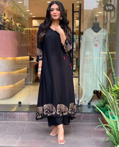 Image of Women's Rayon Embroidered Straight Kurti with Pant Set