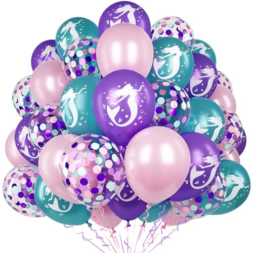 Globos Fiesta Sirena, 60 Piezas 12 Pulgadas Globos Morados y Rosa Verde Azulado con Globos...
