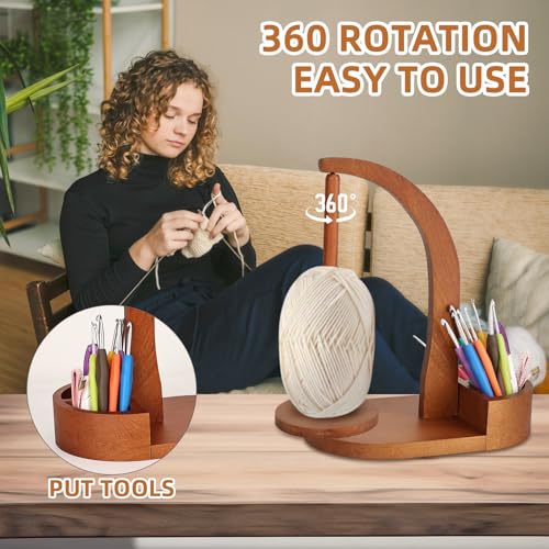 Image of Ebrima Wooden Magnetic Yarn Holder, Yarn Ball Spinner Crochet Yarn Holder for Knitting Crocheting Crochet Accessories Storage Attachment for DIY Crafts Gifts Knitting Lovers
