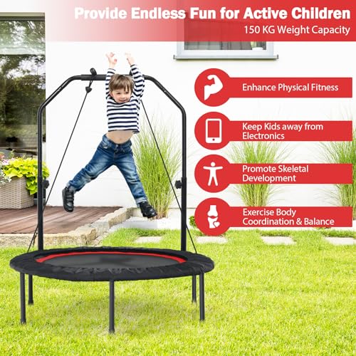 COSTWAY 40" Mini Trampoline, Foldable Fitness Bouncer with 4-Level Adjustable Foam Handle & 2 Resistance Bands, Indoor Outdoor Exercise Rebounder Workout for Kids & Adults - Image 3