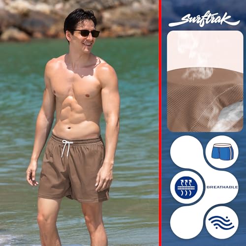 Mens Swim Trunks with Compression Liner 5 inch Textured Ribbed 4 Way Stretch Mens Bathing Suits Beach Short Swimsuit3