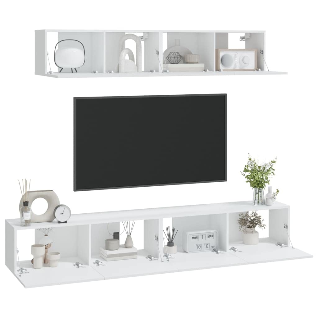 4-TLG. TV-Schrank-Set, Weiß Holzwerkstoff, Wandmontage, Modernes Media-Center für Wohnzimmer und Schlafzimmer, 80/100 cm Breite