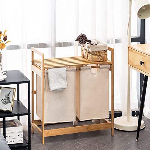 YOUDENOVA Bamboo Laundry Basket with 2 Collapsible Pull-Out Laundry Hamper, Laundry Storage Organizer for Bedroom Laundry Room or Bathroom, 73 x 64 x 33 cm Beige - Image 4