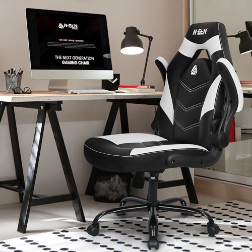 Image of N-GEN Video Gaming Chair Ergonomic Computer Desk Office Chair with Lumbar Support Adjustable Height Swivel Wheels Flip-Up Arms PU Leather Home and Office (White)